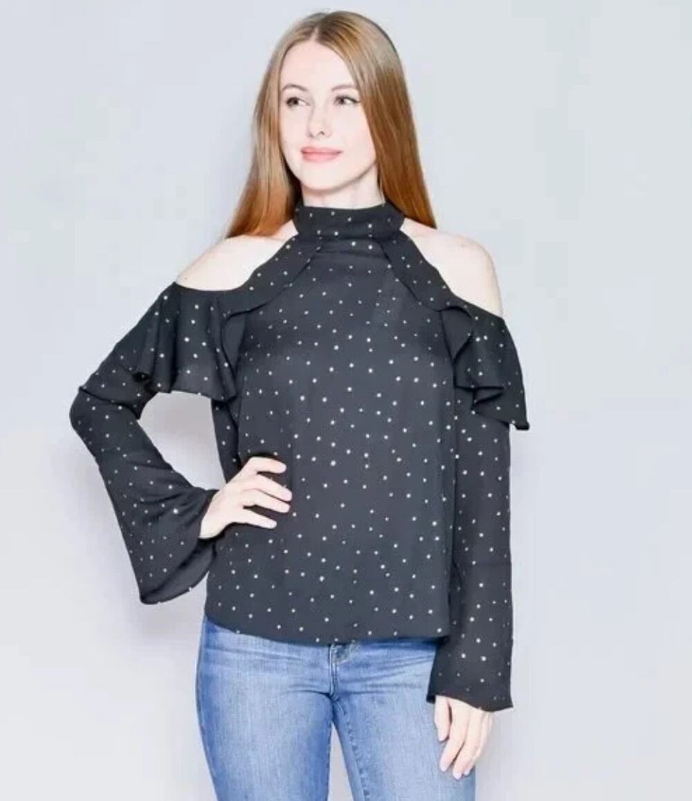 Amanda Uprichard Silk Cold Shoulder Ruffle Top Black Gold Star Print S